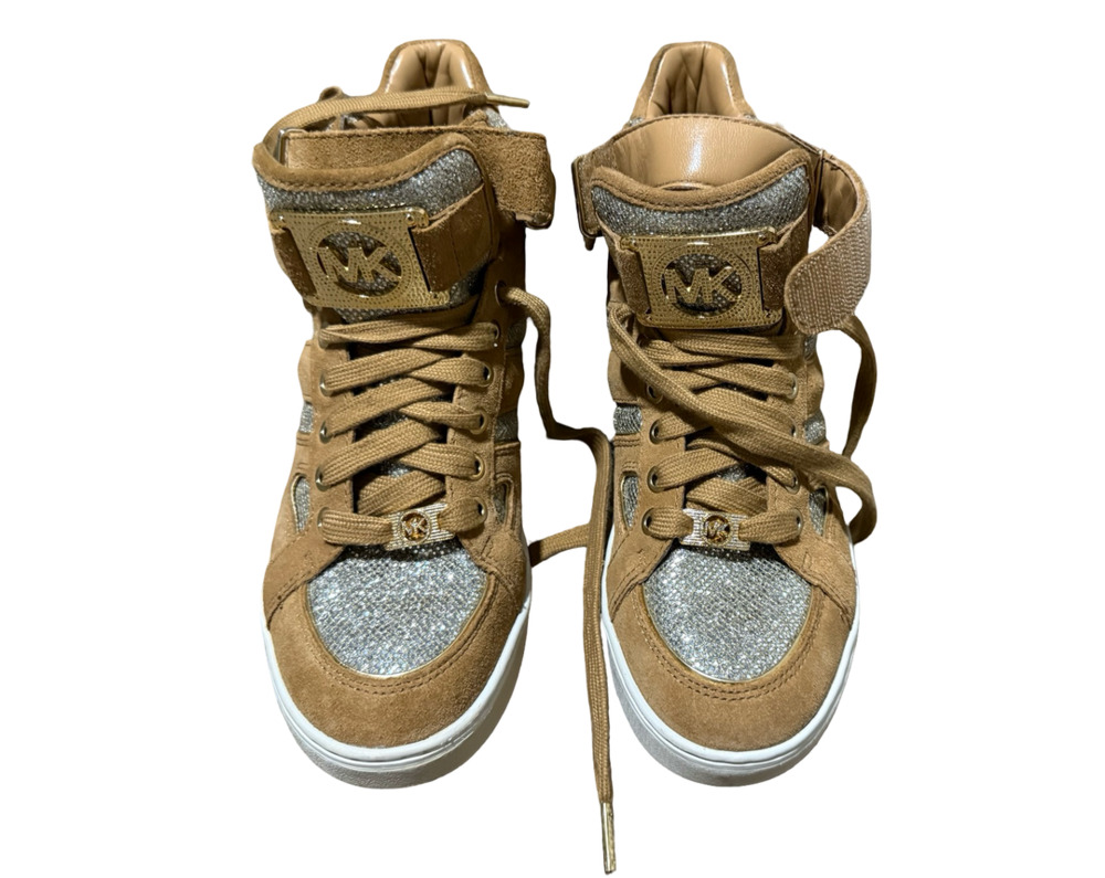 Women’s Michael Kors Fulton Tan Suede Glitter High Top Wedge Sneakers